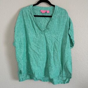 Isaac Mizrahi Womens‎ 1X Green Linen Top Boxy Popover Resort Swim Beach Layer
